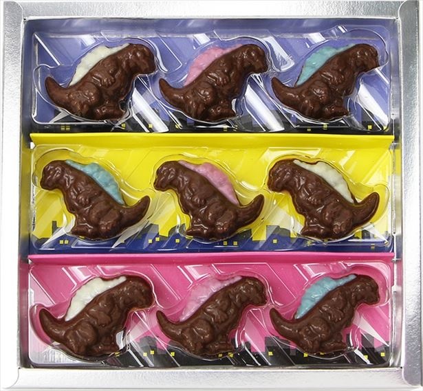 ミニサイズのゴジラチョコを詰め合わせた「ミニゴジラ9」(3個入りの「ミニゴジラ3」も販売)