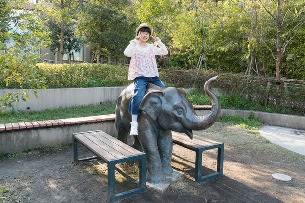 ゾウ舎の前にあるゾウの銅像は背中に乗れちゃう