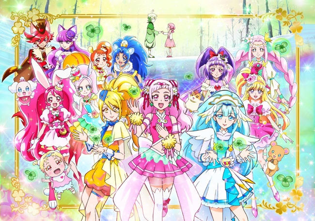写真の中央にいる3人が「HUGっと!プリキュア」の主人公で左からキュアエトワール、キュアエール、キュアアンジュ