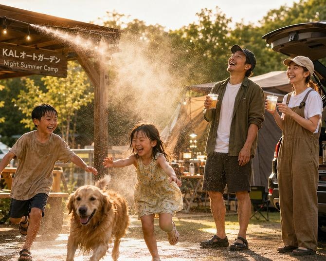 日本一暑い街にあるキャンプ場が猛暑を逆手に取る!?家族＆愛犬もずぶ濡れで笑う「サマーナイトキャンプ」を開催