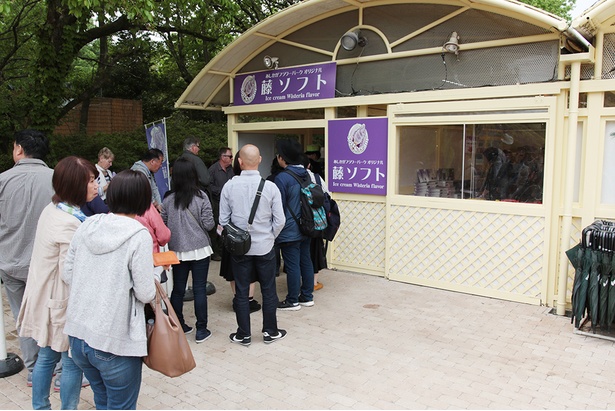 西ゲート近くにある売店で「藤ソフト」を買い求める人々