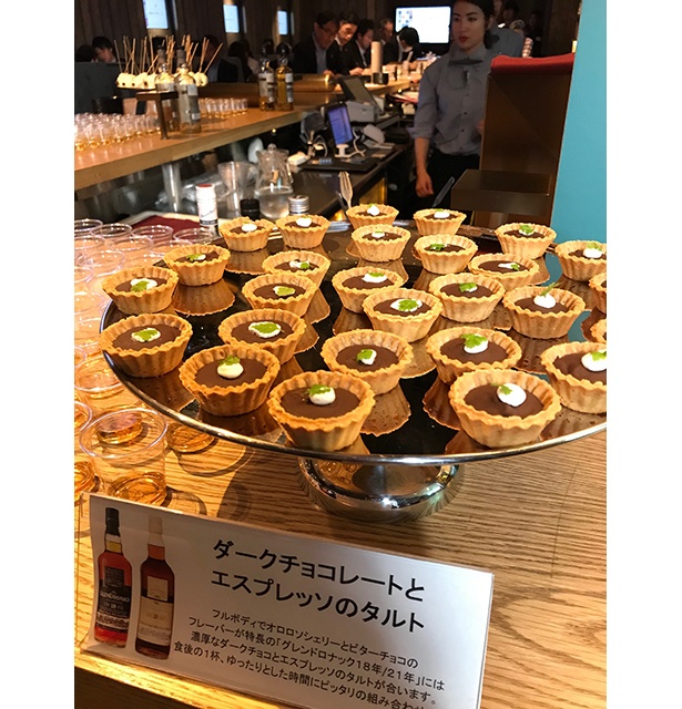 発表会で振る舞われた「ダークチョコレートとエスプレッソのタルト」はグレンドロナック18年・21年によく合う