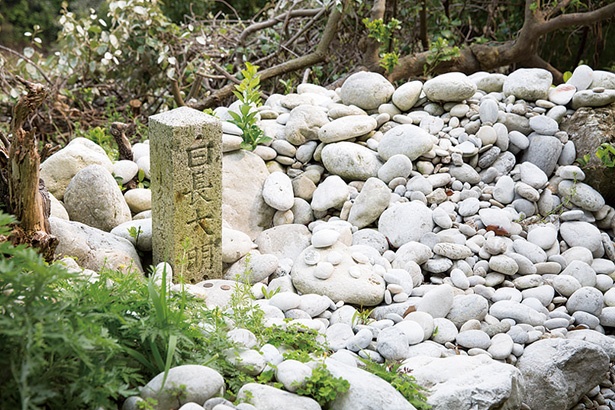 島の人が浜で拾った白い石をお供えしているという白蛇伝説の碑