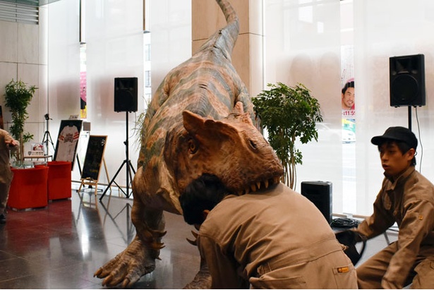 【写真を見る】観客を守るレンジャー隊員にもおかまいなしで噛み付くアロサウルス