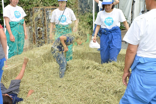 草の香りが会場を包み込む「牧草ベッド体験」。フカフカの牧草の上をチビッコたちが飛んだり跳ねたり、貴重な経験を楽しんでいた