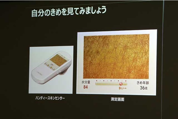 普段確認できない肌のきめ年齢をチェックできるハンディースキンセンサー。実年齢を入力してから使用する