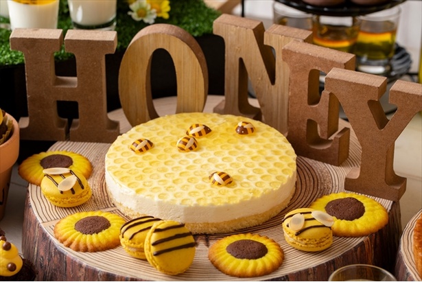 ハチミツをたっぷりと使用した「ハニカムレアチーズケーキ」。周りにはハチをイメージしたマカロンも
