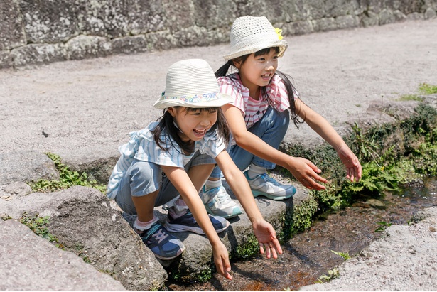 水路の水は真夏でも冷たく、ちょっとした水遊びに最適(飲用不可)