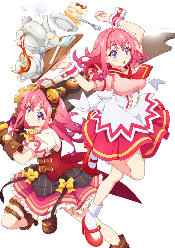 ティザービジュアルに描かれる主人公の浅木泉水(CV:新田ひより)。うさぎ小屋本舗の可愛いカフェ衣装と、ウイルスと戦うスチームパンク衣装の対比が印象的
