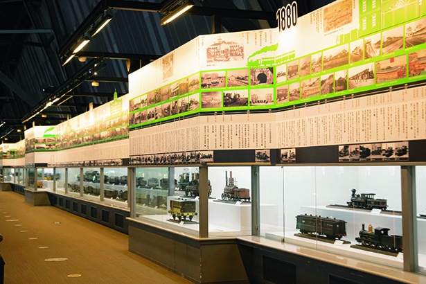 鉄道車両の歴史を、写真や模型と共に車両ステーションの壁一面約75mの長さで紹介している