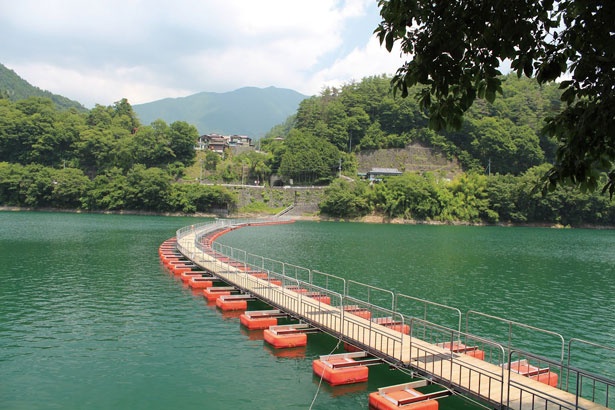 湖上に浮かぶ「麦山の浮橋」は奥多摩湖の名物の一つ。紅葉を水面から見られる