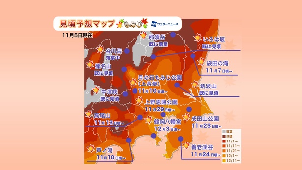 2020年 関東地方の紅葉(モミジ)見頃予想マップ(11月5日現在)