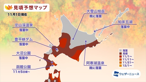 北海道の紅葉(モミジ)見頃予想マップ(情報は2023年11月1日発表 ウェザーニューズ)