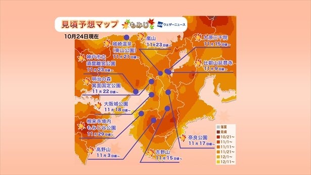 2019年 近畿の紅葉見頃予想マップ(10月24日現在) 出典:ウェザーニューズ