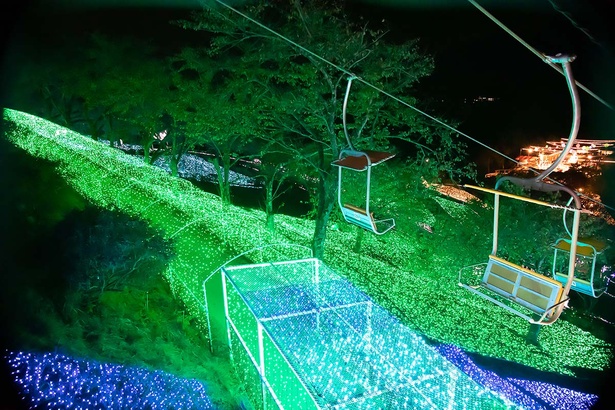 リフト上級から見た森の動物園。緑のLEDが木々を照らして幻想的な風景が楽しめる