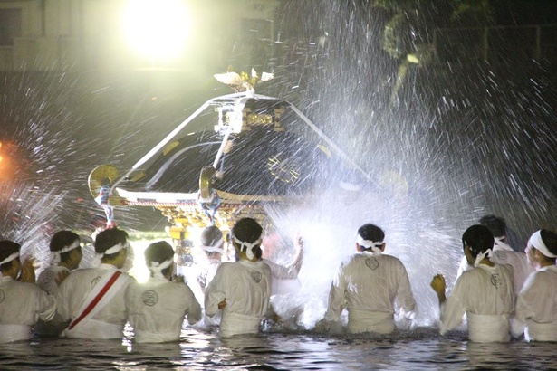【写真を見る】神輿を担いで威勢よく川の中を渡っていく