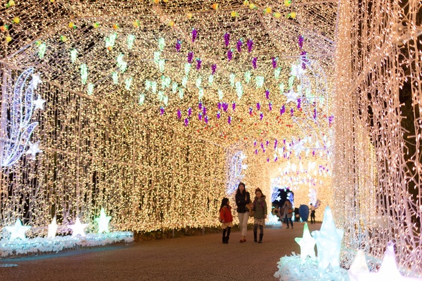 色々なフルーツが装飾された全長150mの光のトンネル