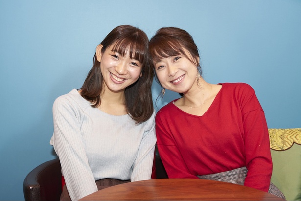 AKB48出身・FBS福岡放送の小林茉里奈アナウンサー(左)と、頼れる大先輩・財津ひろみアナウンサー(右)