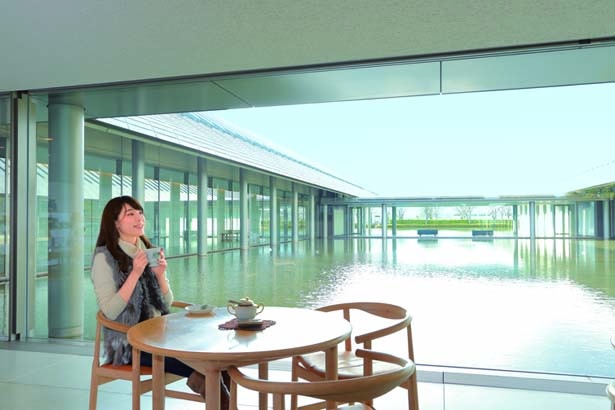 館内のカフェで水庭を眺めながら極上のティータイムを/佐川美術館