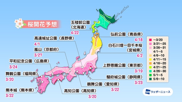 全国の桜名所の桜開花予想(情報は2021年1月13日発表 ウェザーニューズ)
