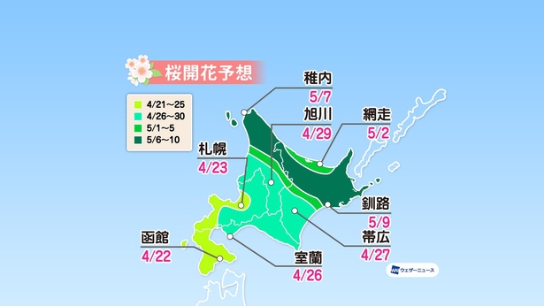 北海道の桜開花予想(情報は2021年1月13日発表 ウェザーニューズ)