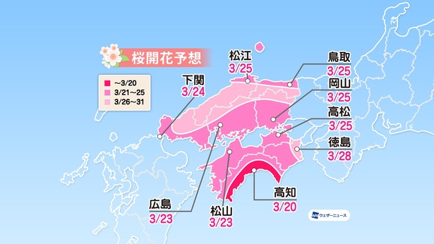 中国・四国地方の桜開花予想(情報は2021年1月13日発表 ウェザーニューズ)