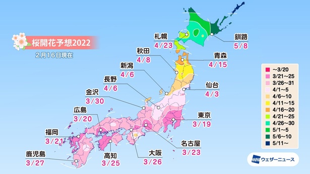 桜開花予想22年 開花一番乗りは東京 多くの場所で平年並から早い開花に ウォーカープラス