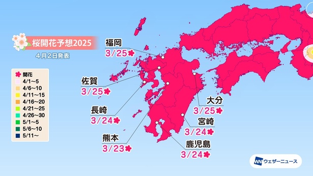 九州地方の桜開花予想(情報は2025年4月2日発表　ウェザーニューズ)