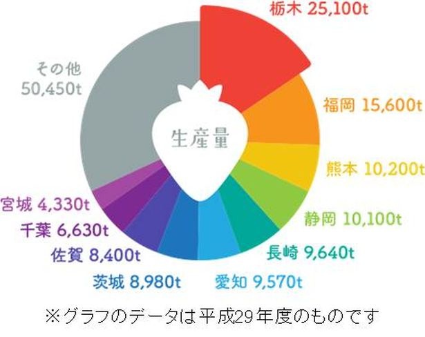 平成29年度のグラフデータ。栃木県は半世紀に渡り、イチゴ生産量日本一を誇っている