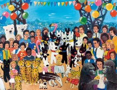 これまで絵本に登場したキャラクターがエッフェル塔の中で20周年を祝うパーティーをしている様子を描いた「SANTE!」