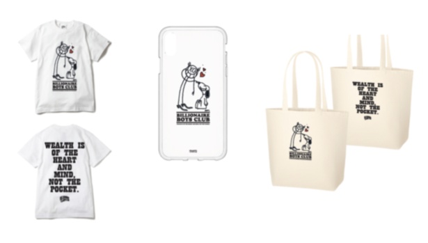 Billionaire Boys Club× Mr.A氏による「Tシャツ」(写真左8100円)、「iPhoneX用ケース」(同中4320円)、「トートバッグ」(同右5940円)