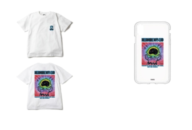 Billionaire Boys Club×ケニー・シャーフ氏のコラボの「Tシャツ」(写真左8100円)、「iPhoneX用ケース」(同右4320円)