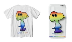 アートユニット「FRIENDSWITHYOU」×「White Mountaineering」がデザインしたのは、虹色のスヌーピーが印象的な「Tシャツ」(写真左1万6200円)、「iPhoneX用ケース」(同右5940円)