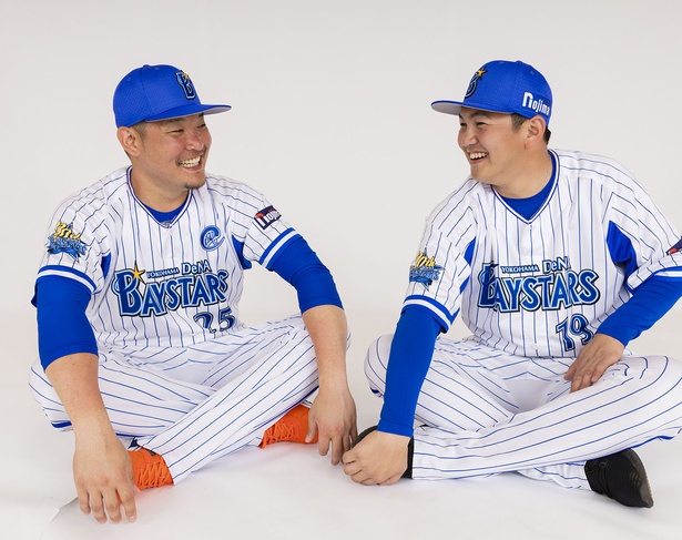 今シーズンへの意気込みを語る筒香嘉智選手(左)と山﨑康晃選手