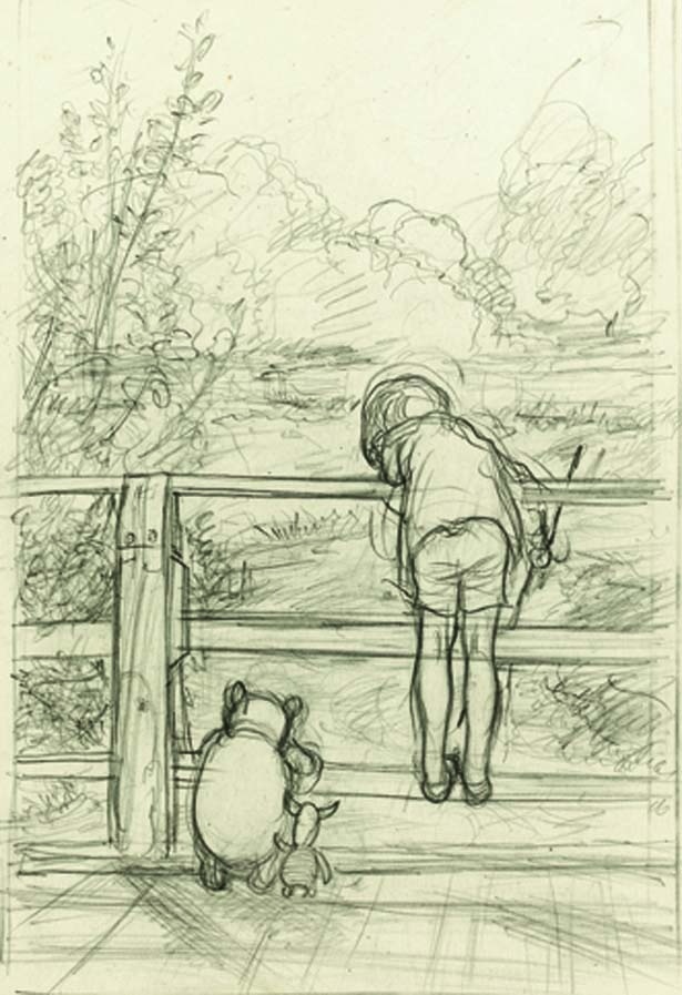 『プー横丁にたった家』第6章、E.H.シェパード、鉛筆画、1928年、 ジェームス・デュボース・コレクション/クマのプーさん展