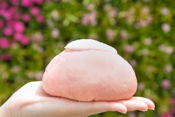 食べ歩きにぴったりな「富士芝桜あんまん」(450円)。ふわふわの皮の中に優しい甘さのあんこがたっぷり
