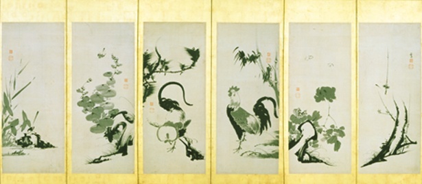伊藤若冲の作品「花鳥図押絵貼屛風(部分)」/細見美術館