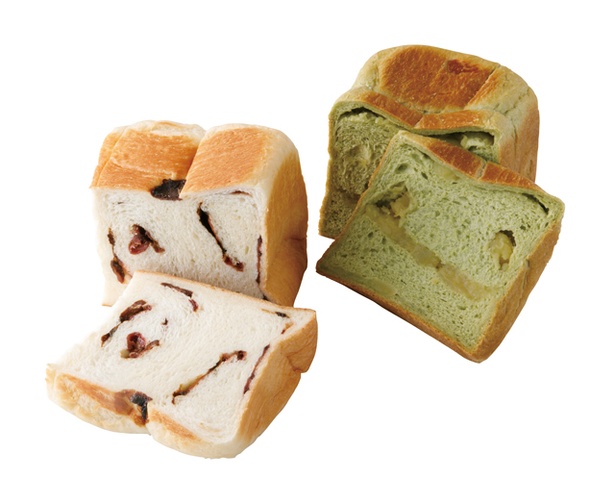 Bakery アンベール / 左から「あまおう食パン」(1斤700円) ※6月下中旬まで。「抹茶イモあん食パン」(1斤700円) ※9月下旬まで