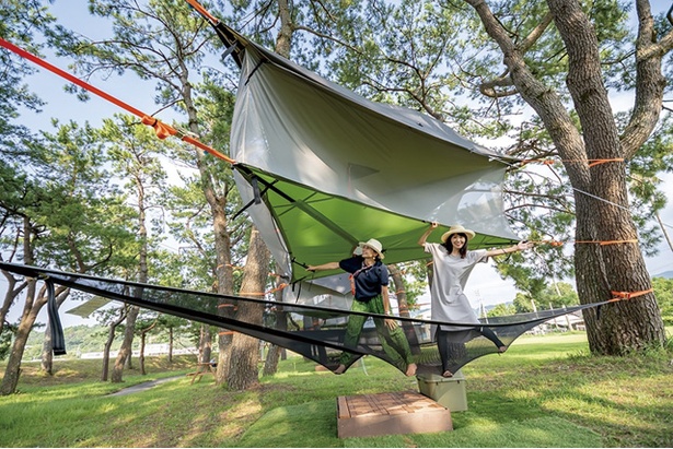 MAGICAL STAY / 春先から9月まで空中テントを設置する。テントは、木と木を結んだ高さ約2〜3mの位置にあり、心地よく揺られながら非日常的な宿泊を楽しめる