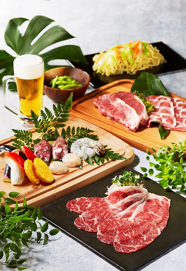 「ステーキ、焼きしゃぶ＆シーフードバーベキューセット」(8000円/1名)