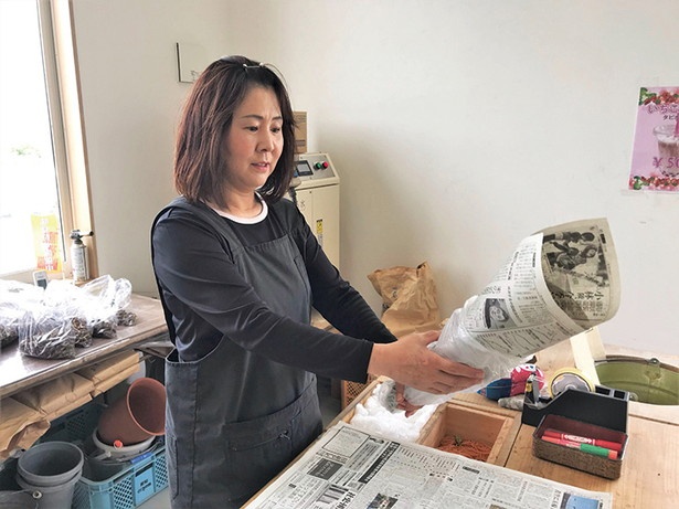 摘み取った花はスタッフに渡すと新聞紙に包んでもらえる / 観光農園花ひろば