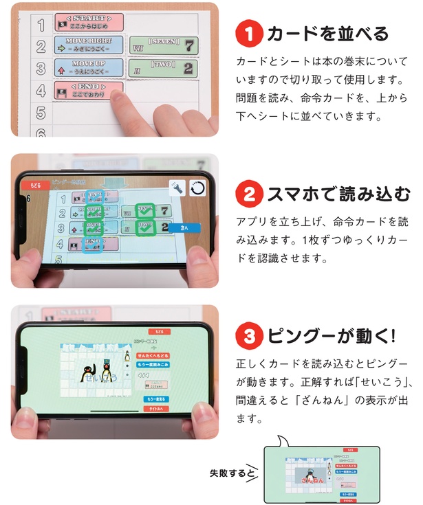 【写真を見る】指定のアプリをダウンロードしてから巻末に付いているカードを並べてスマホで読み込むと、ピングーが動き出す