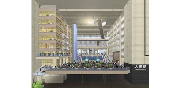 駅北側の玄関口となる「ノースゲートビル」の中央部、南北連絡通路から直結する8層吹き抜けの空間