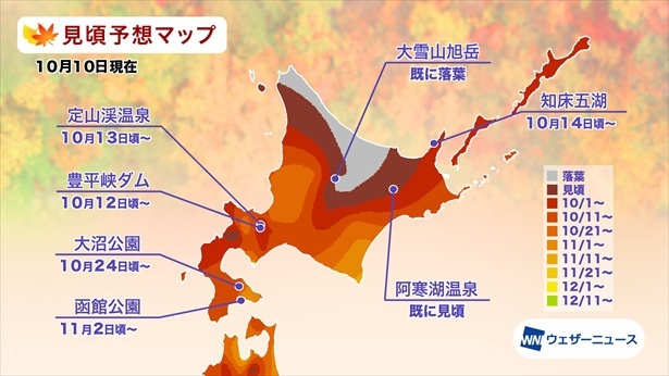 北海道の紅葉(モミジ)見頃予想マップ(情報は2024年10月10日発表 ウェザーニューズ)