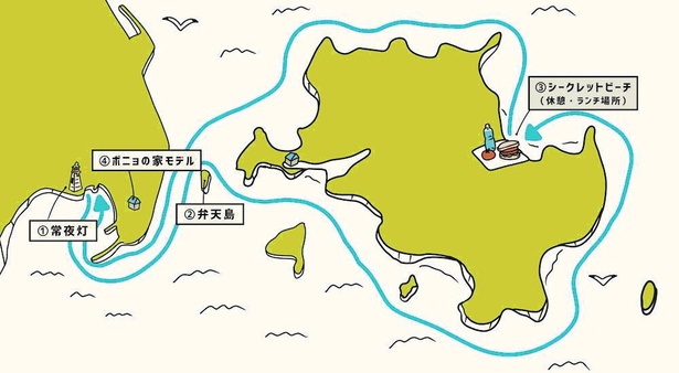 鞆の浦を出て、目の先にある仙酔島を周る「村上水軍商会」のツアーコース。長時間カヤックを漕ぐため、帰港するときにはかなり上達しているはず！