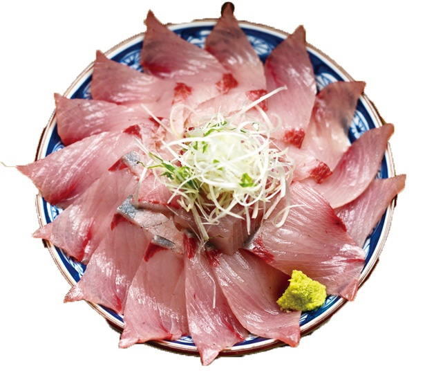 日本海を代表するブランド魚、ひみ寒ぶりが覆い隠すほど乗る「氷見天然ぶり丼 定食」(時価) / 氷見漁港 魚市場食堂