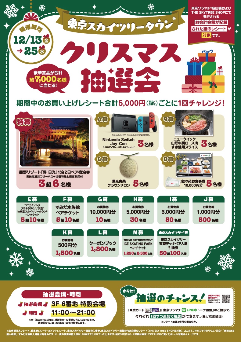 お買いもので豪華賞品を当てよう！東京ソラマチ(R)でクリスマス抽選会