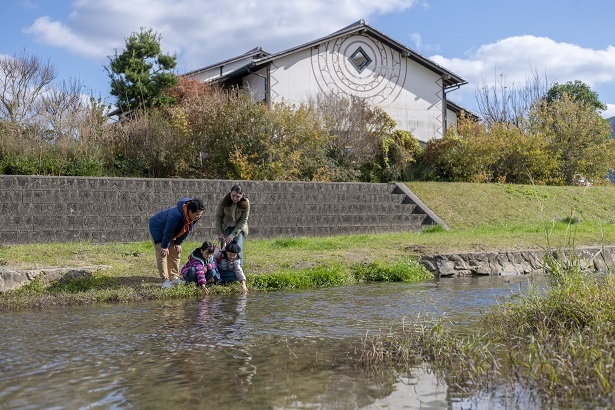 水温10℃以下の川の水に触れ、「きゃ―冷たい!」とはしゃぐふたり。「この魚はなんだろうね」と、パパとママも近寄る