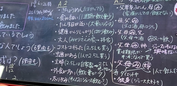 「みどりさんは几帳面(はかっているから)」「2.5Lもあるからコストコに行ったのでは」など、楽しんで考えている様子がわかります!
