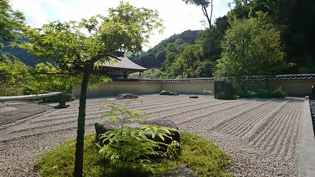 人里集落にある玉傳寺(ぎょくでんじ)。檜原村の山を借景にした枯山水の庭を眺めながらお茶ができるカフェが